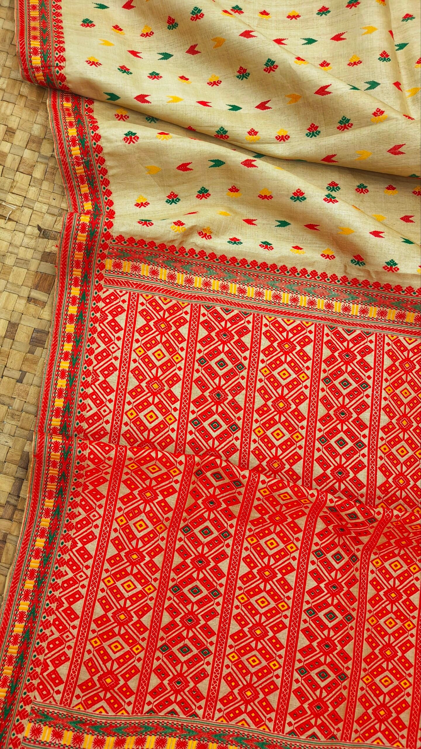 Pure Tussar By Muga Silk Red Thread Work Assam Silk Saree