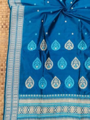 Peacock Blue Mulberry Paat Assam Silk Saree With Interwoven Border | Mayurisilk