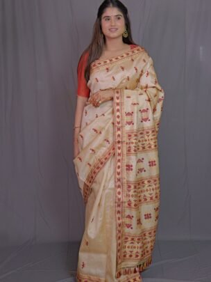 TUSSAR BY TUSSAR GOLDEN ZARI BEIGE ASSAM SILK SAREE MAYURISILK