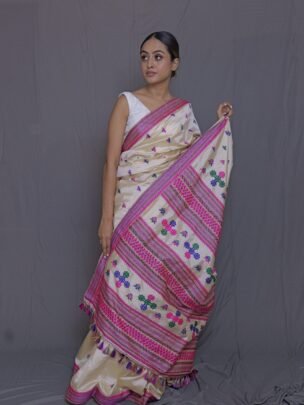 BEIGE TUSSAR THREAD WORK ASSAM SILK SAREE MULTICOLOR MOTIFS | MAYURISILK