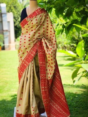 Pure Muga Assam Silk Saree With Red Motifs