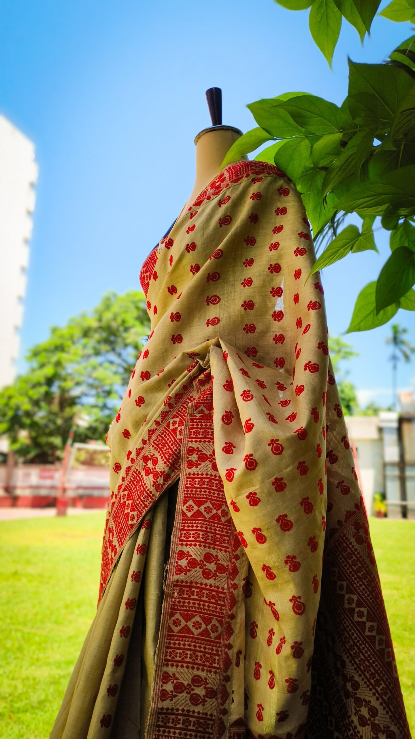 Pure Muga Assam Silk Saree With Red Motifs - Image 2