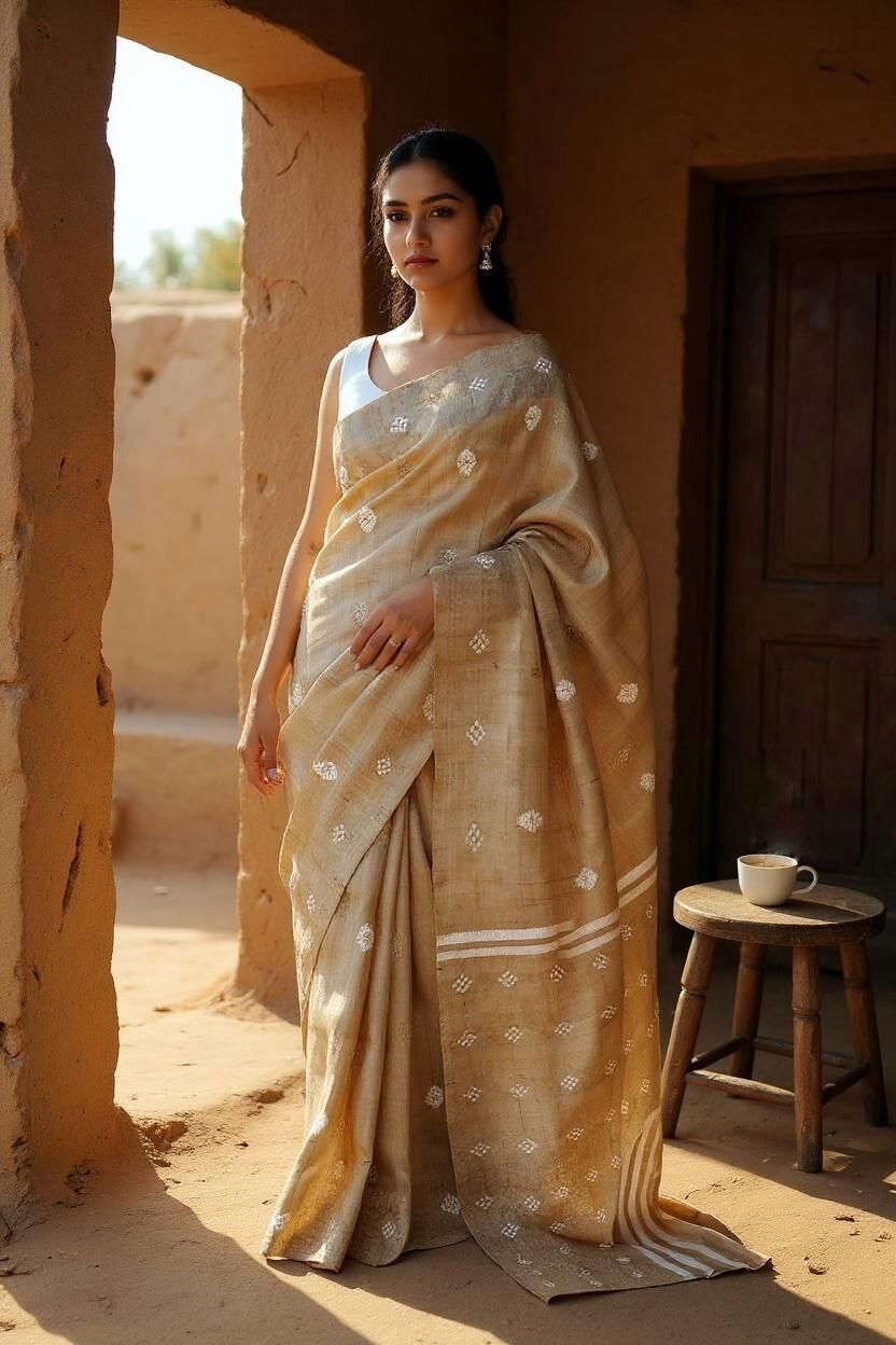 Pure Muga Assam Silk Saree With White Motifs Beige
