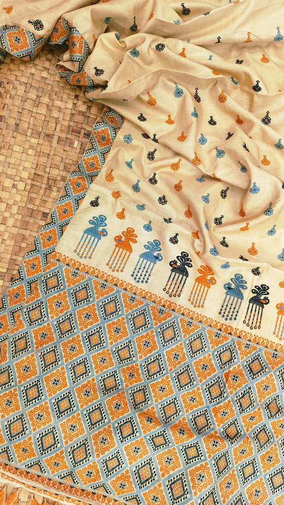Pure Muga Thread Work Assam Silk Saree With Malticolor Motifs