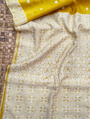 Yellow Eri By Mulberry Silk Thread Work Interwoven Assam Silk saree