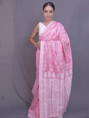 Peach Pink Mulberry (Paat) Silk Saree With White Thread Motifs