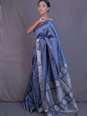 Cornflower Blue Mulberry (Paat) Silk Saree With Silver Zari Motifs