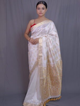 White Mulberry (Paat) Silk Saree With Golden Zari Motifs