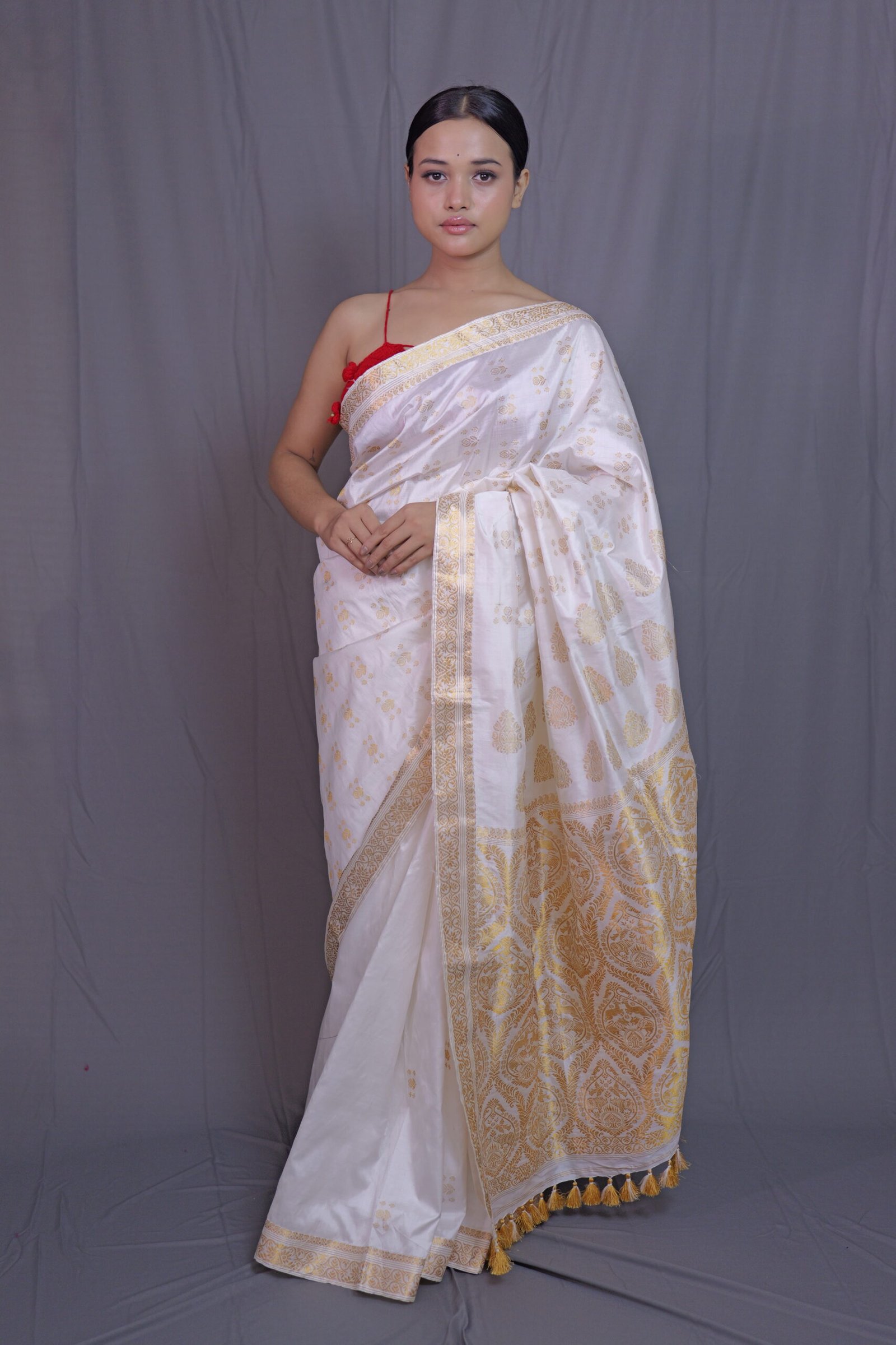 White Mulberry (Paat) Silk Saree With Golden Zari Motifs