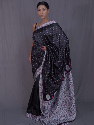 Black Mulberry (Paat) Silk Saree With White And Pink Motifs
