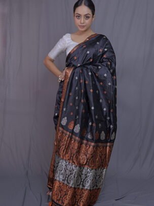 Black Mulberry (Paat) Silk Saree With Copper And Silver Zari Motifs