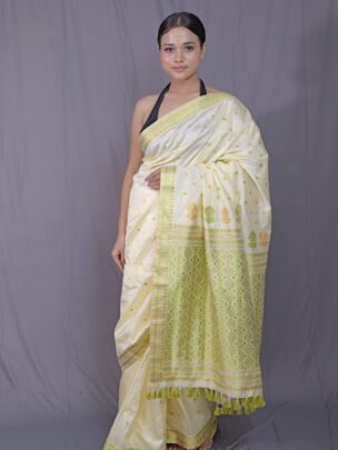 Off White Mulberry (Paat) Silk Saree With Green And Golden Motifs