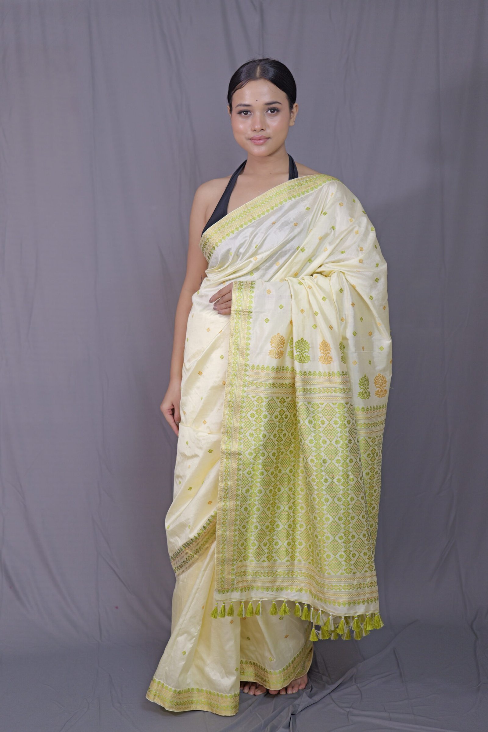 Off White Mulberry (Paat) Silk Saree With Green And Golden Motifs