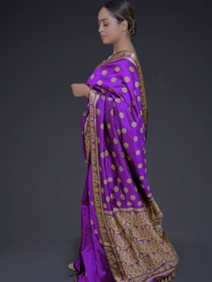 Purple Mulberry (Paat) Silk Saree Golden Thread Work With Mina Motifs