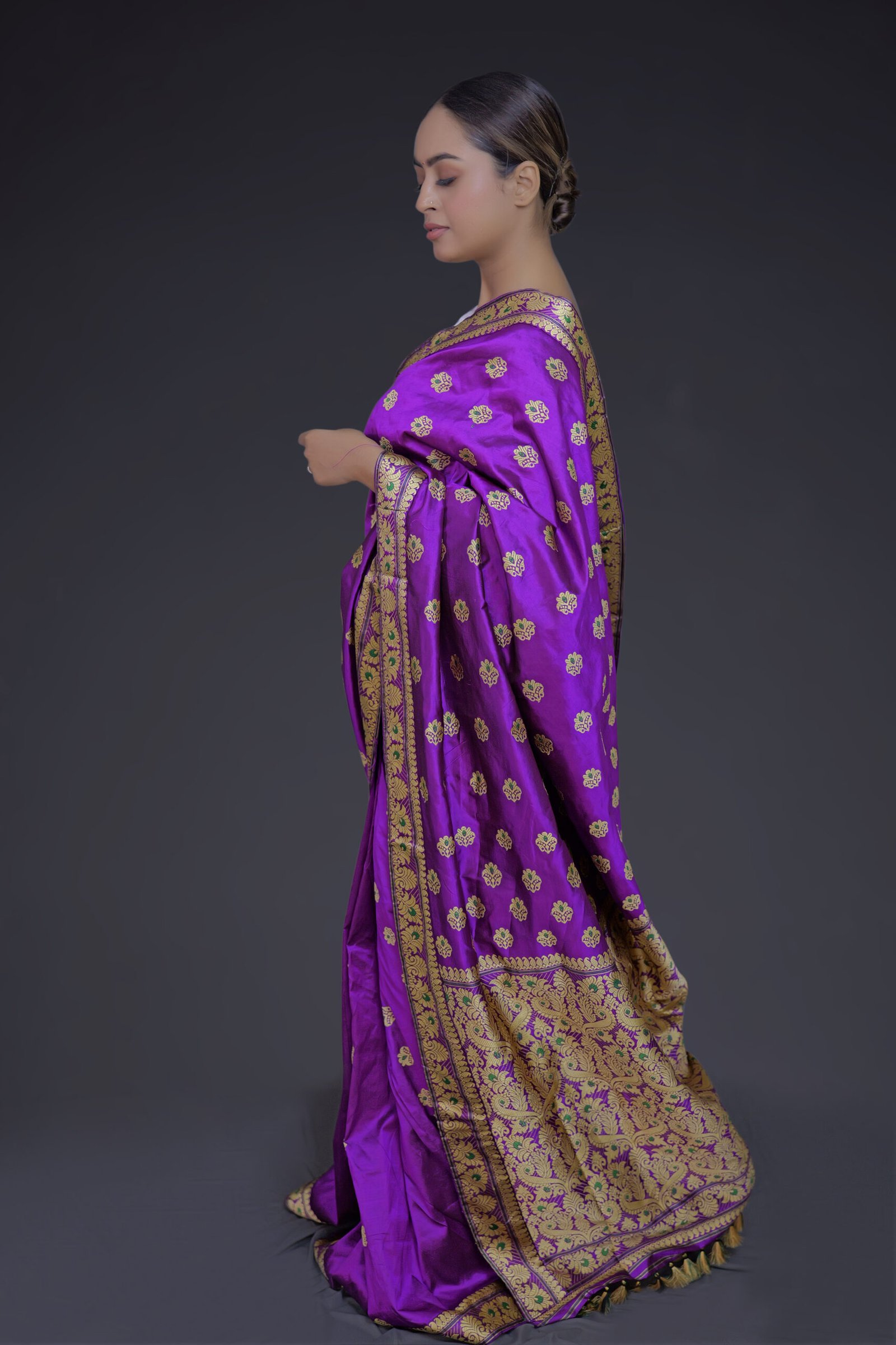 Purple Mulberry (Paat) Silk Saree Golden Thread Work With Mina Motifs