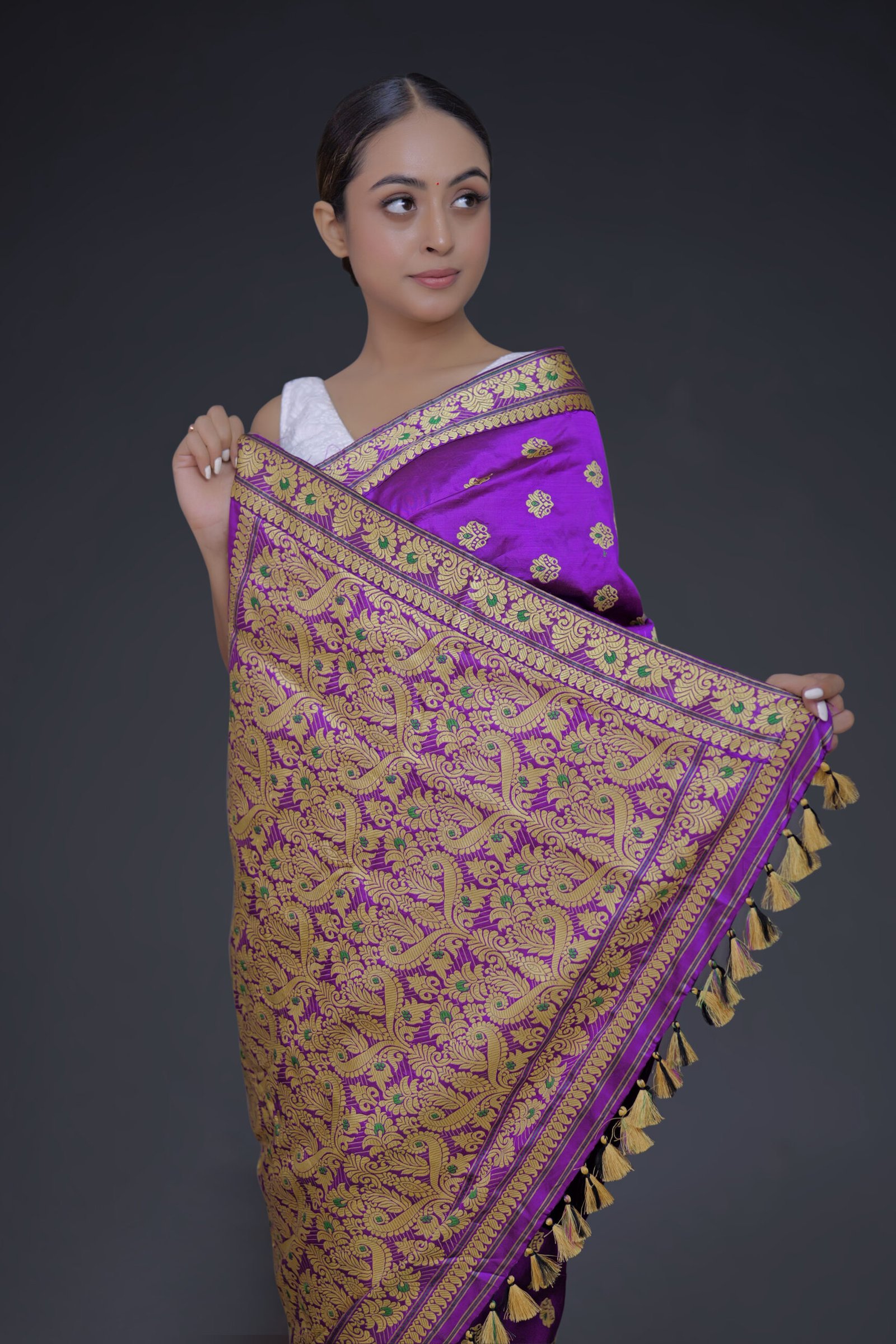Purple Mulberry (Paat) Silk Saree Golden Thread Work With Mina Motifs - Image 2