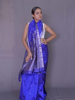 Royal Blue Mulberry (Paat) Silk Saree With Silver Zari Motifs