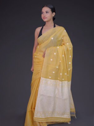 Yellow Eri Mulberry Saree with White Motifs