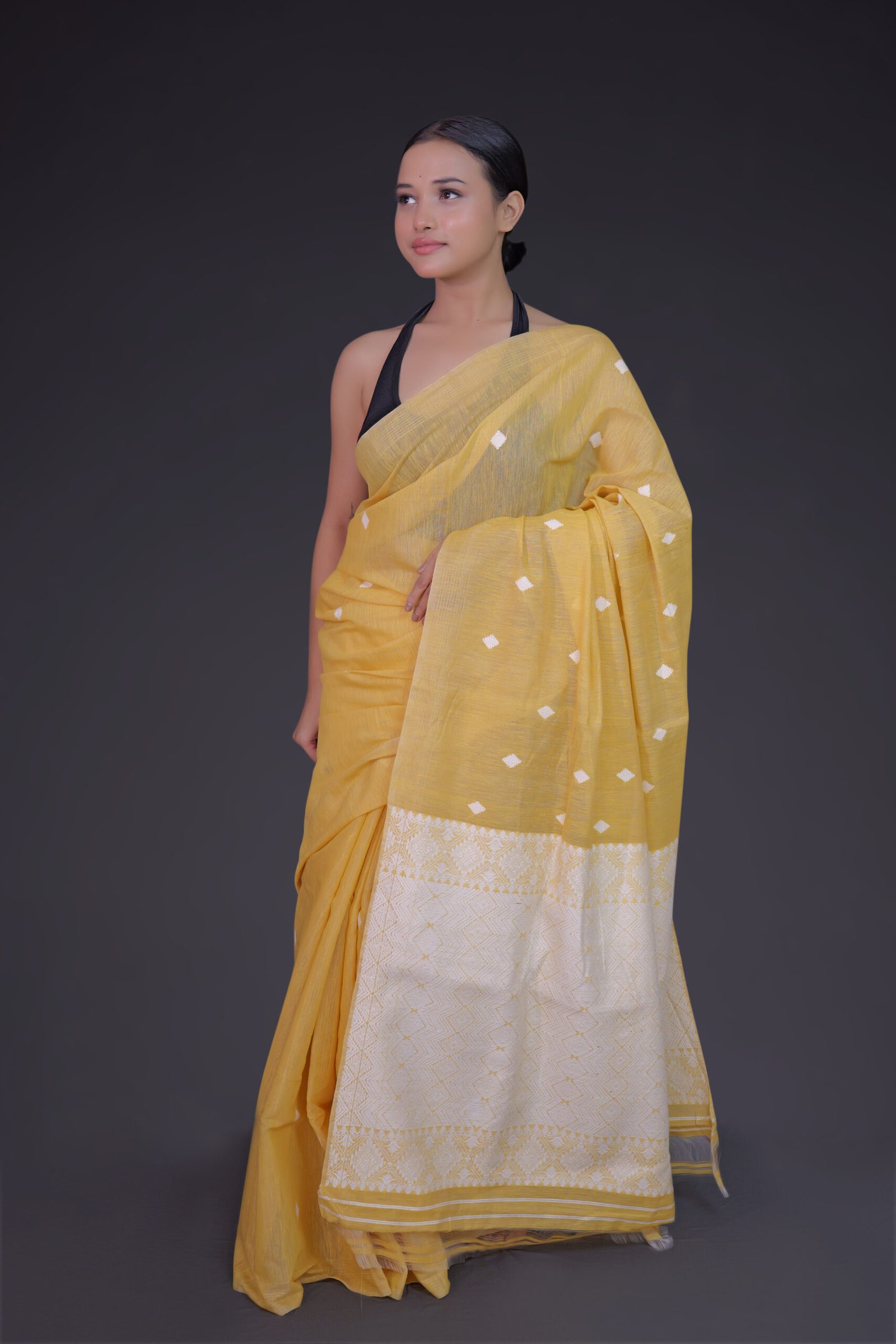 Yellow Eri Mulberry Saree with White Motifs