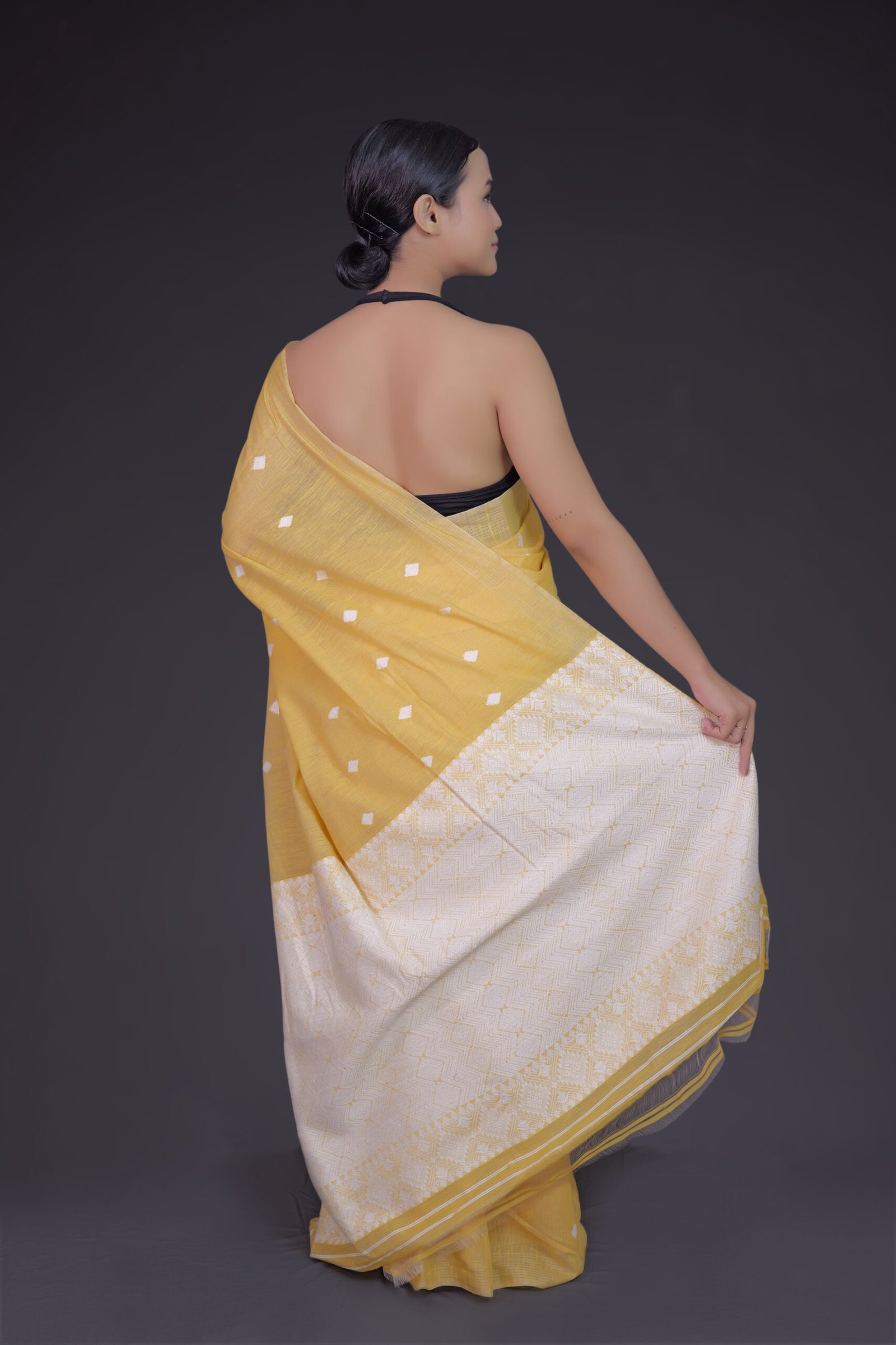 Yellow Eri Mulberry Saree with White Motifs - Image 4