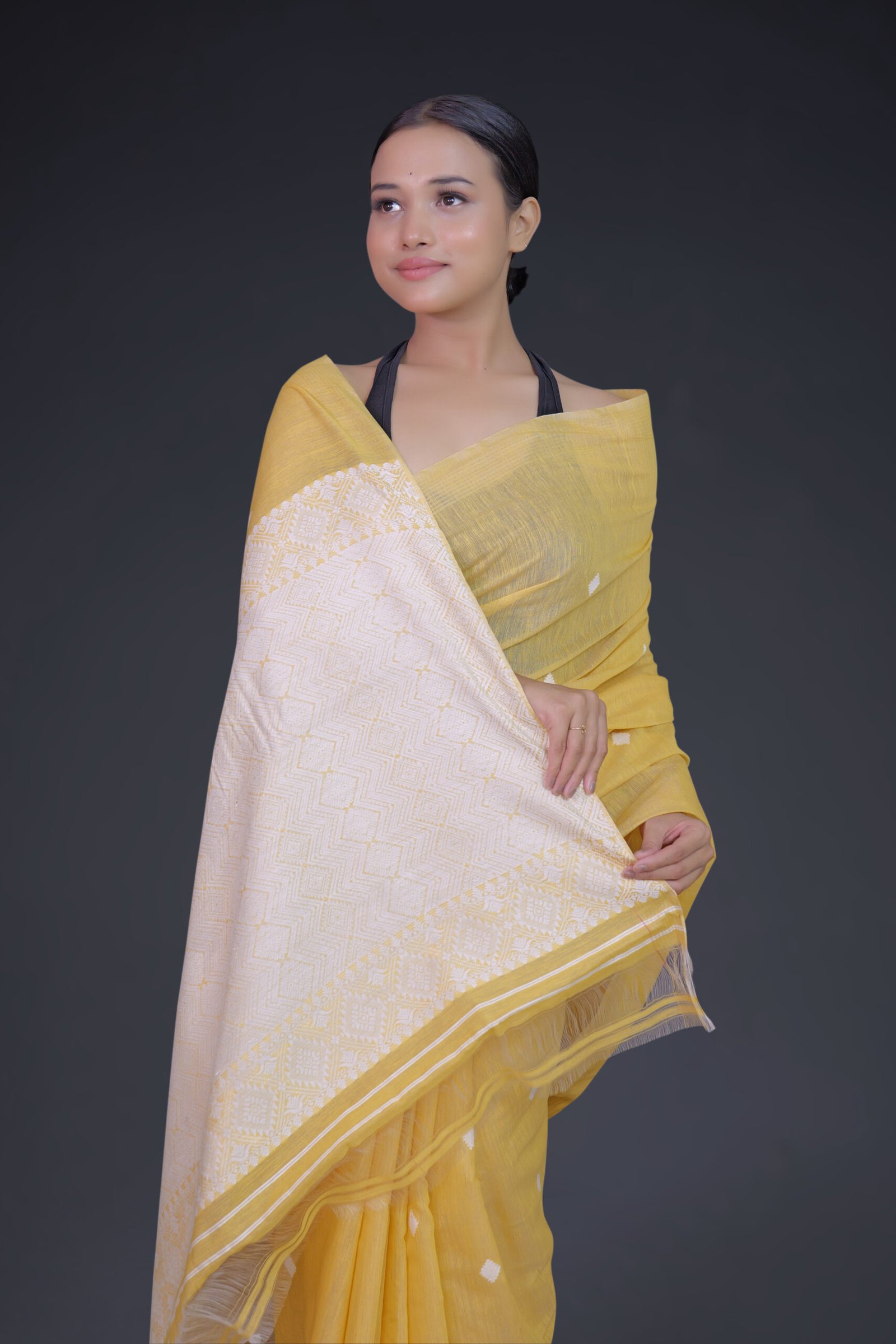 Yellow Eri Mulberry Saree with White Motifs - Image 2