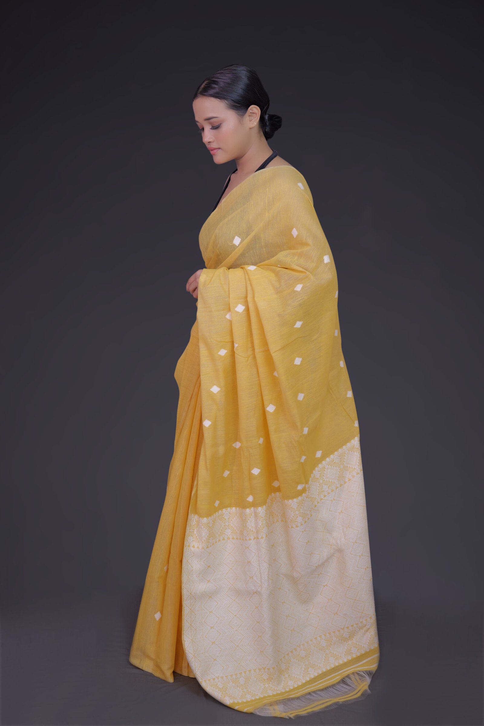 Yellow Eri Mulberry Saree with White Motifs - Image 3
