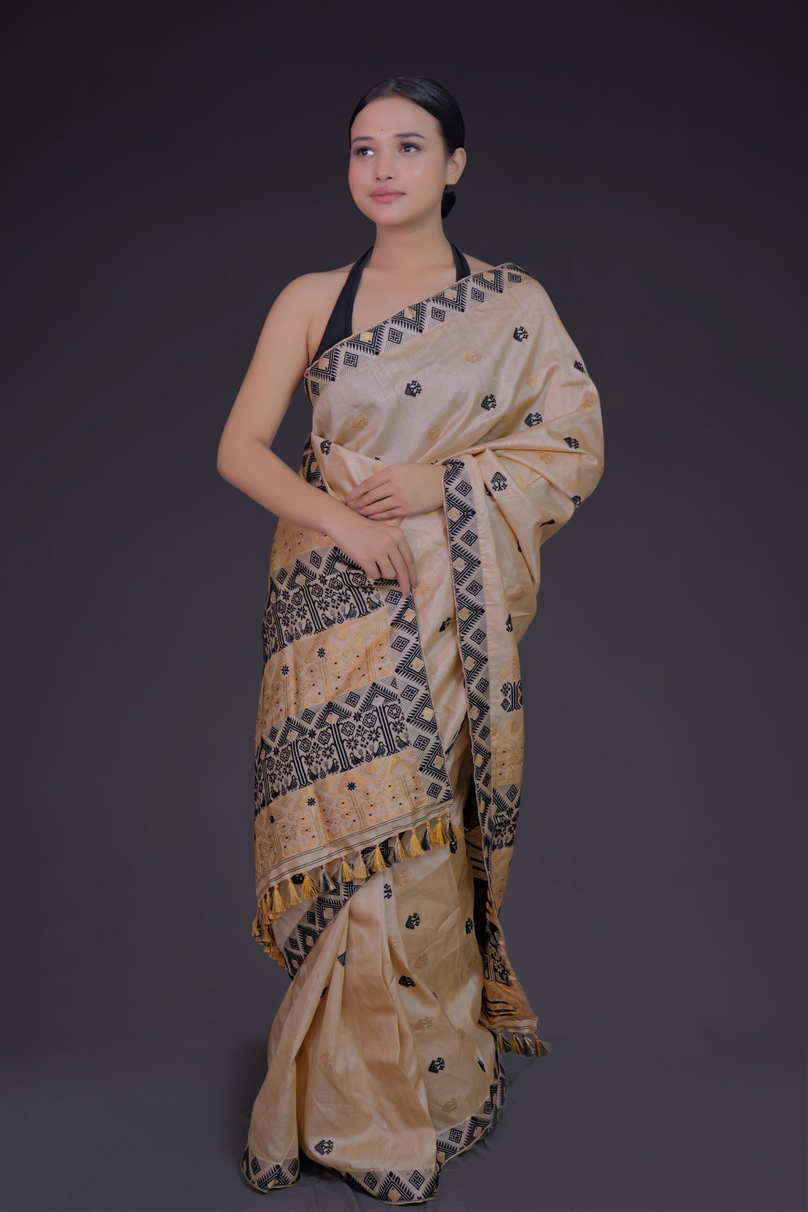 Tussar Silk Saree with Black and Golden Zari