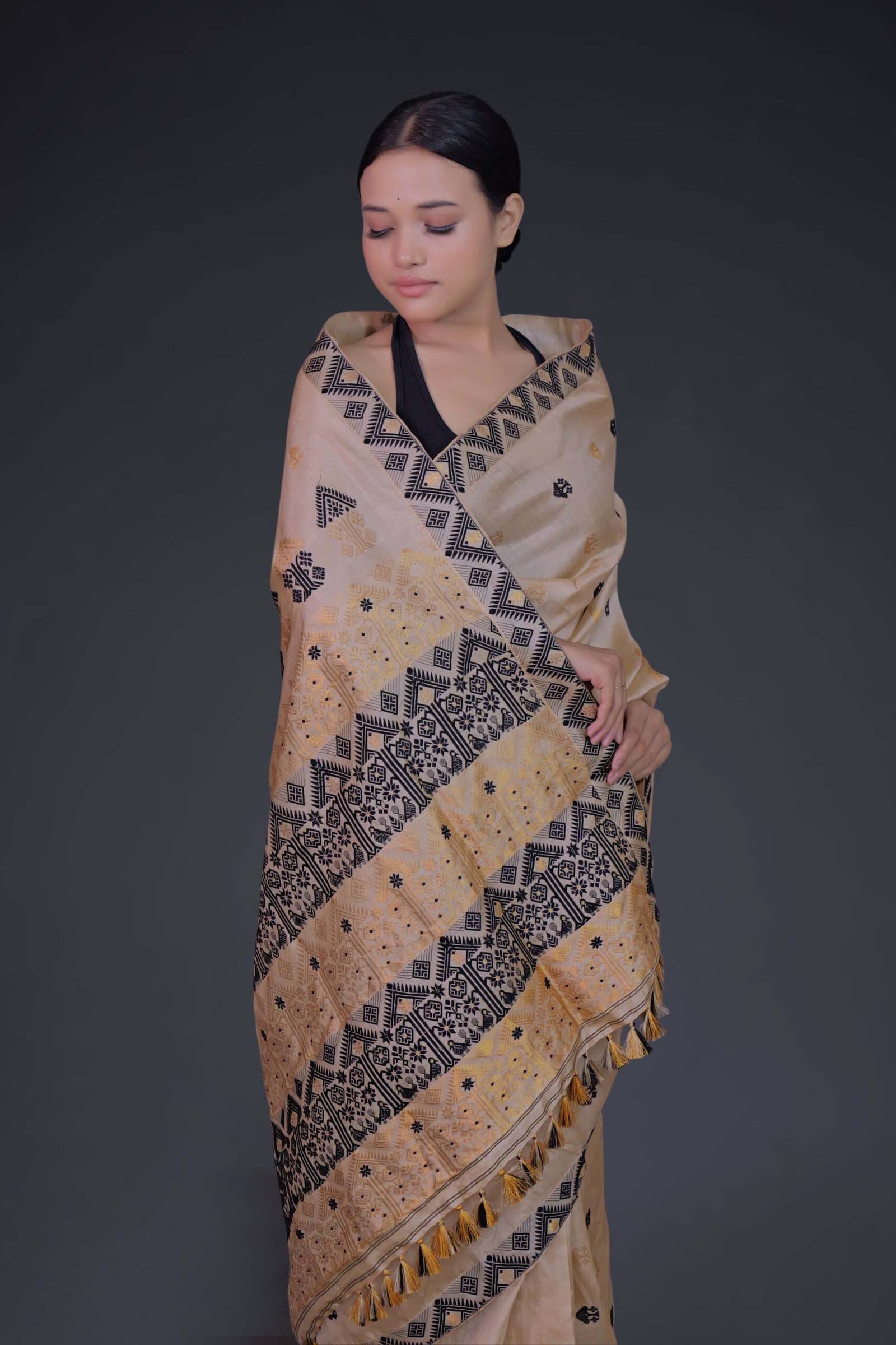Tussar Silk Saree with Black and Golden Zari - Image 3