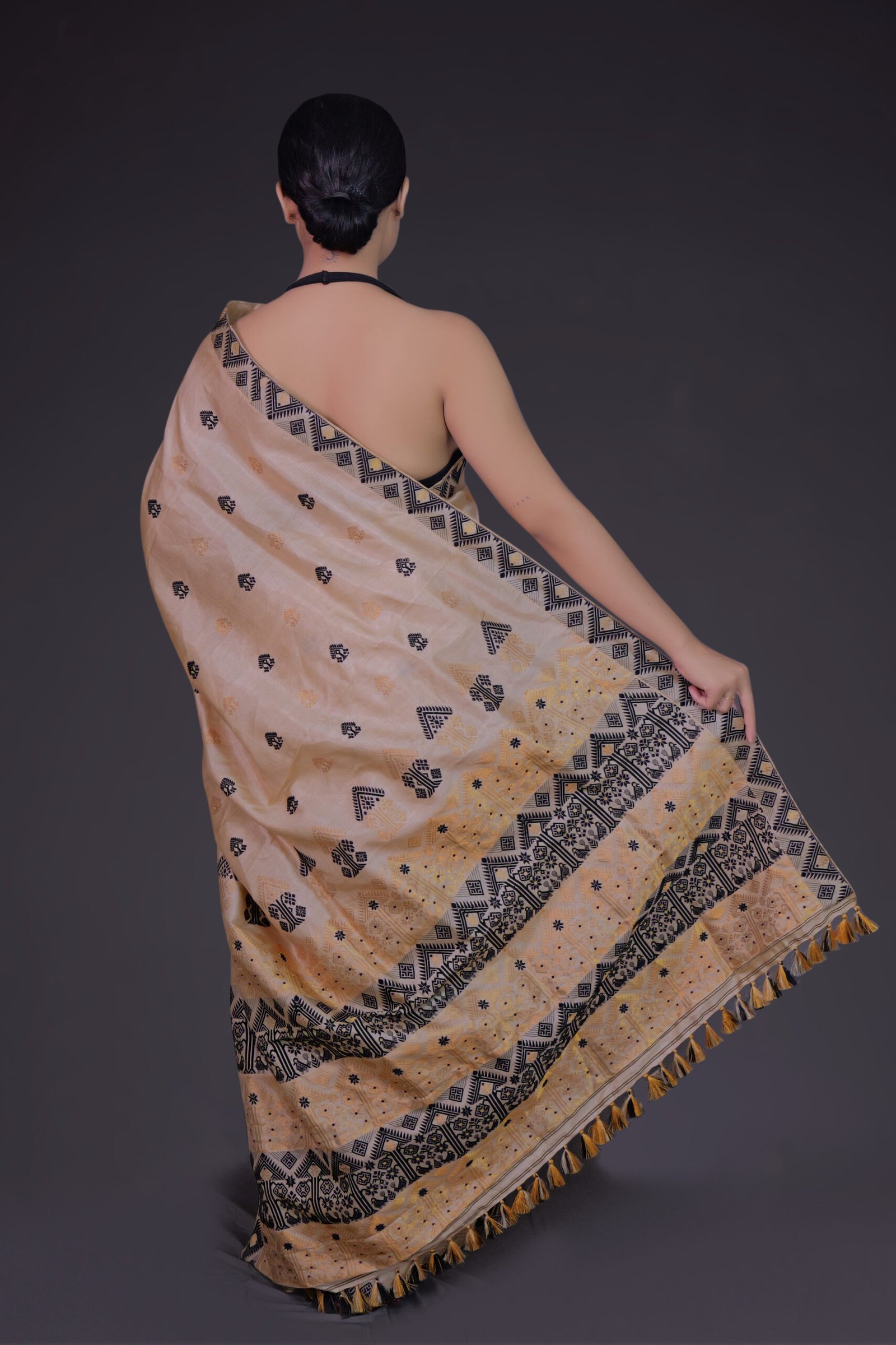 Tussar Silk Saree with Black and Golden Zari - Image 4