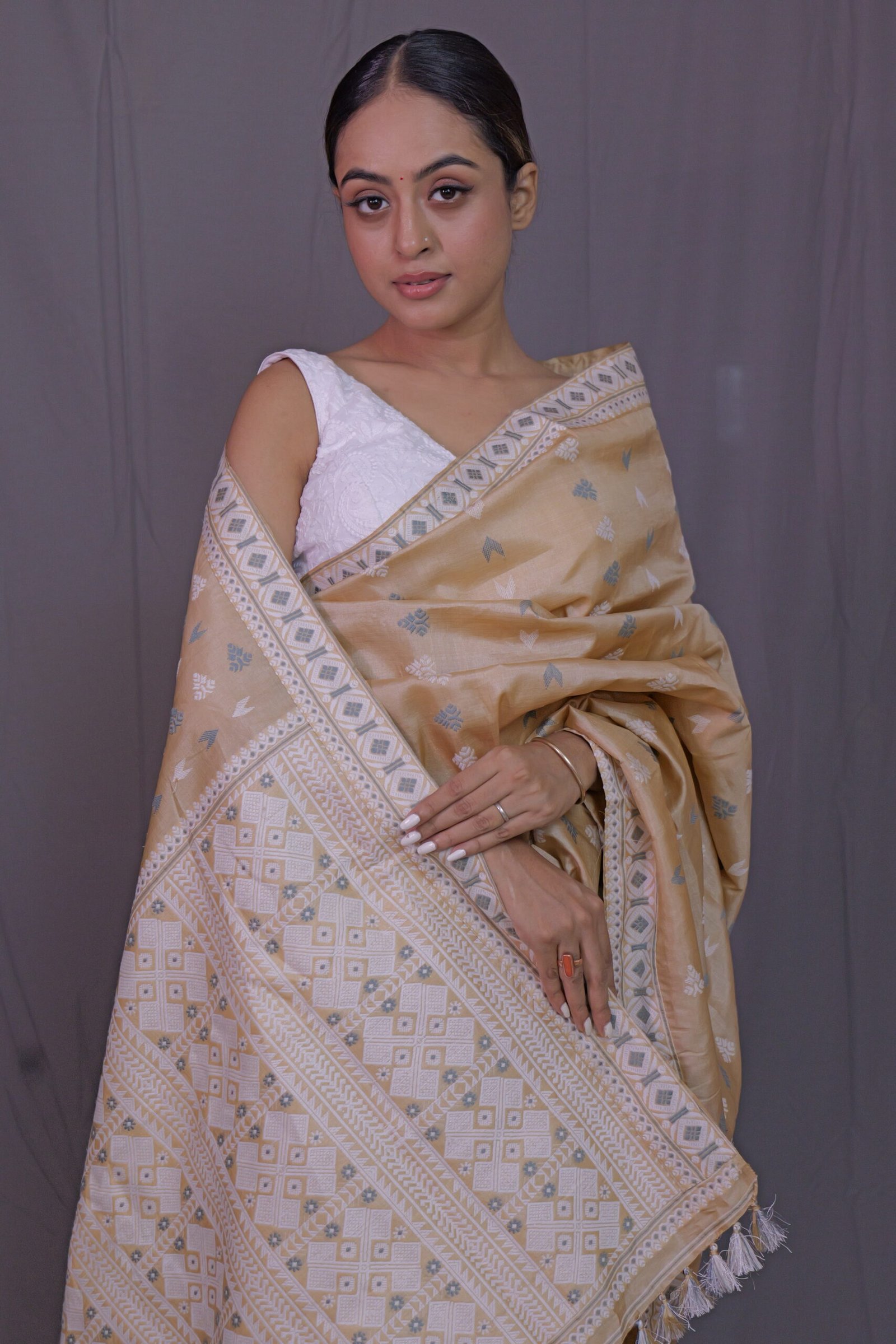 Tussar Silk Saree With White And Grey Thread Motifs - Image 3