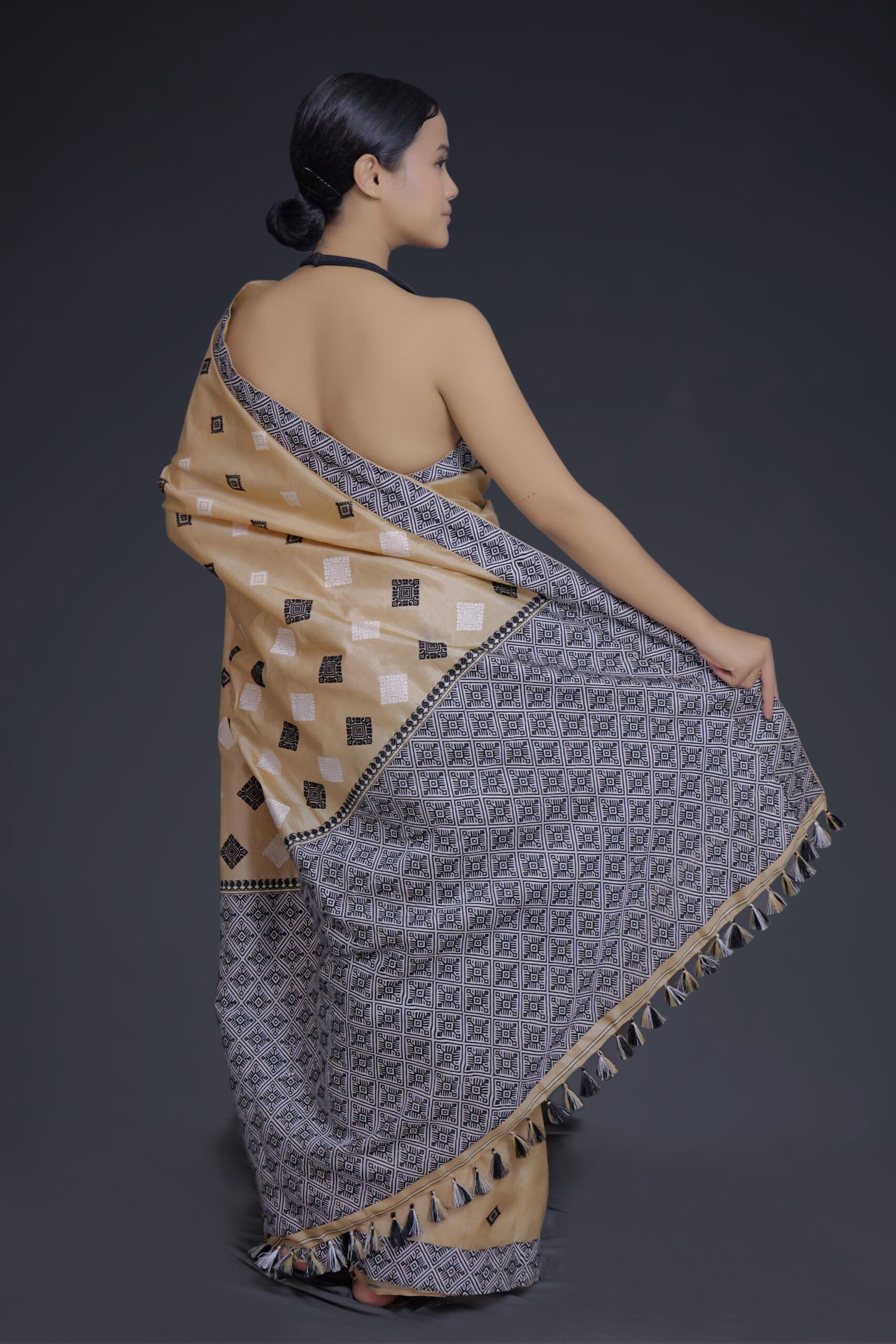 Tussar Silk Saree with Black and White Motifs - Image 2