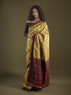 Olive Yellow Assam Silk Saree With Maroon Contrast Anchal