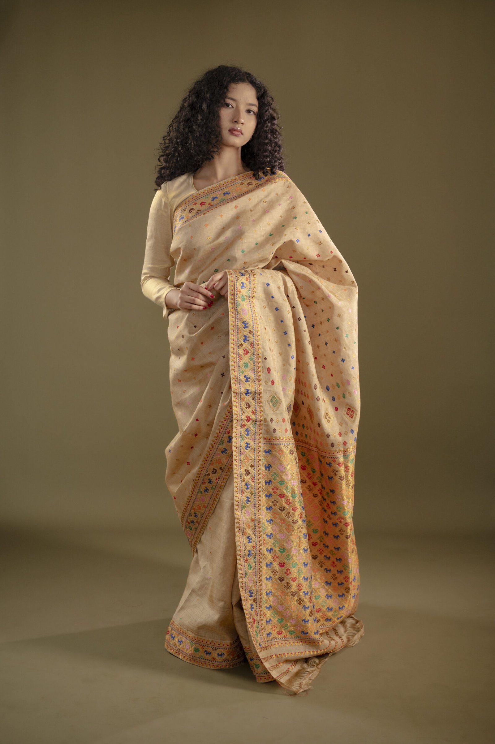 Pure Muga Silk Saree With Zari And Thread Motifs