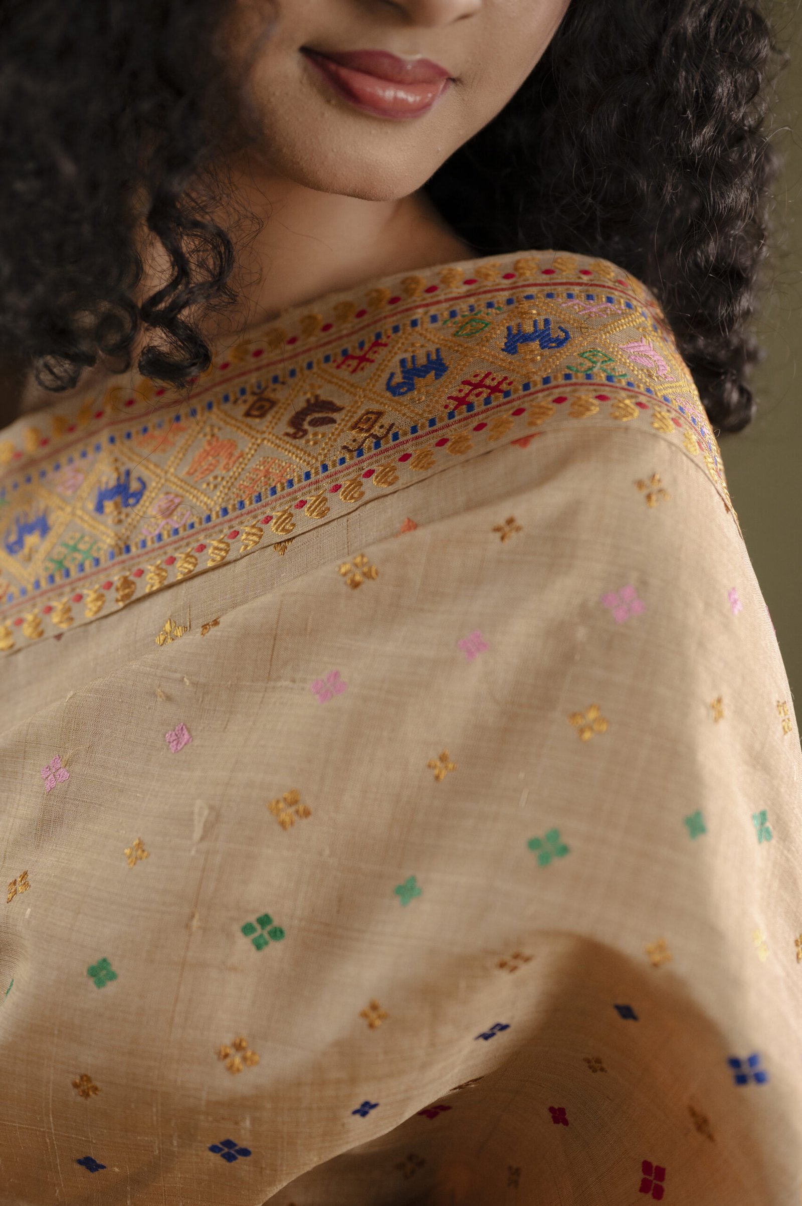 Pure Muga Silk Saree With Zari And Thread Motifs - Image 2