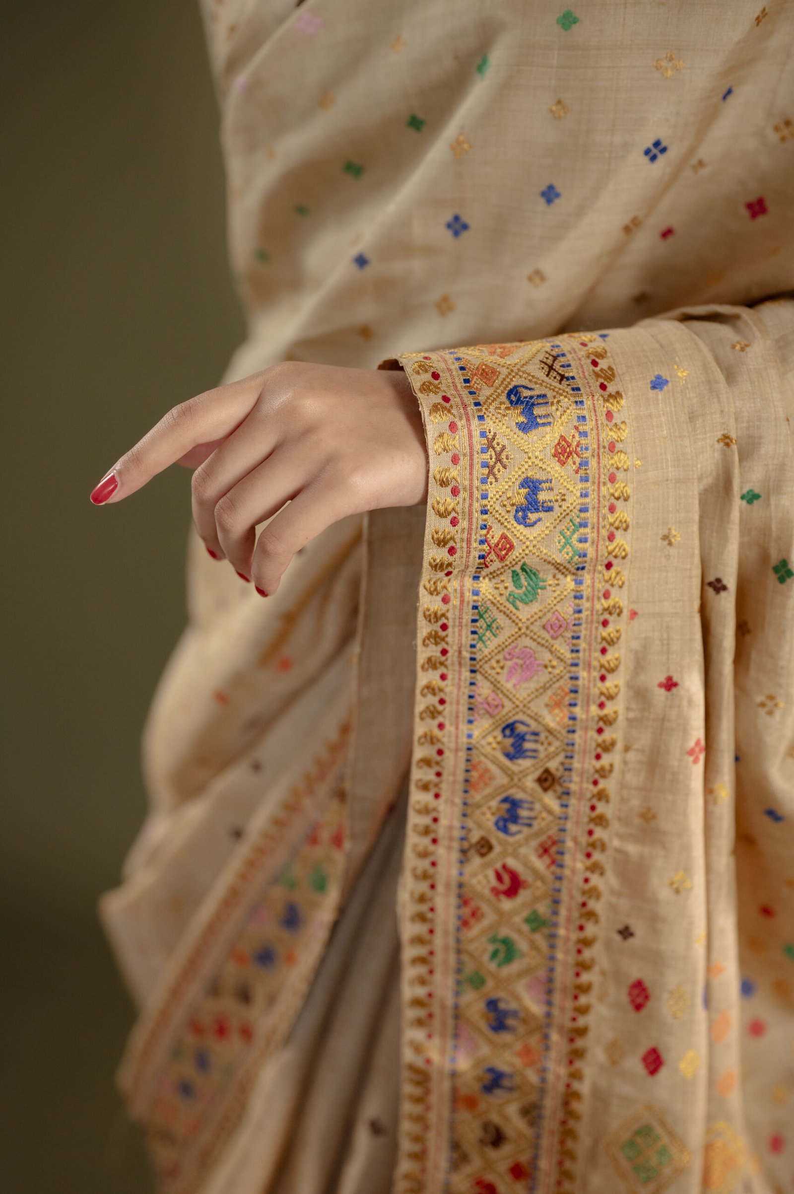 Pure Muga Silk Saree With Zari And Thread Motifs - Image 3