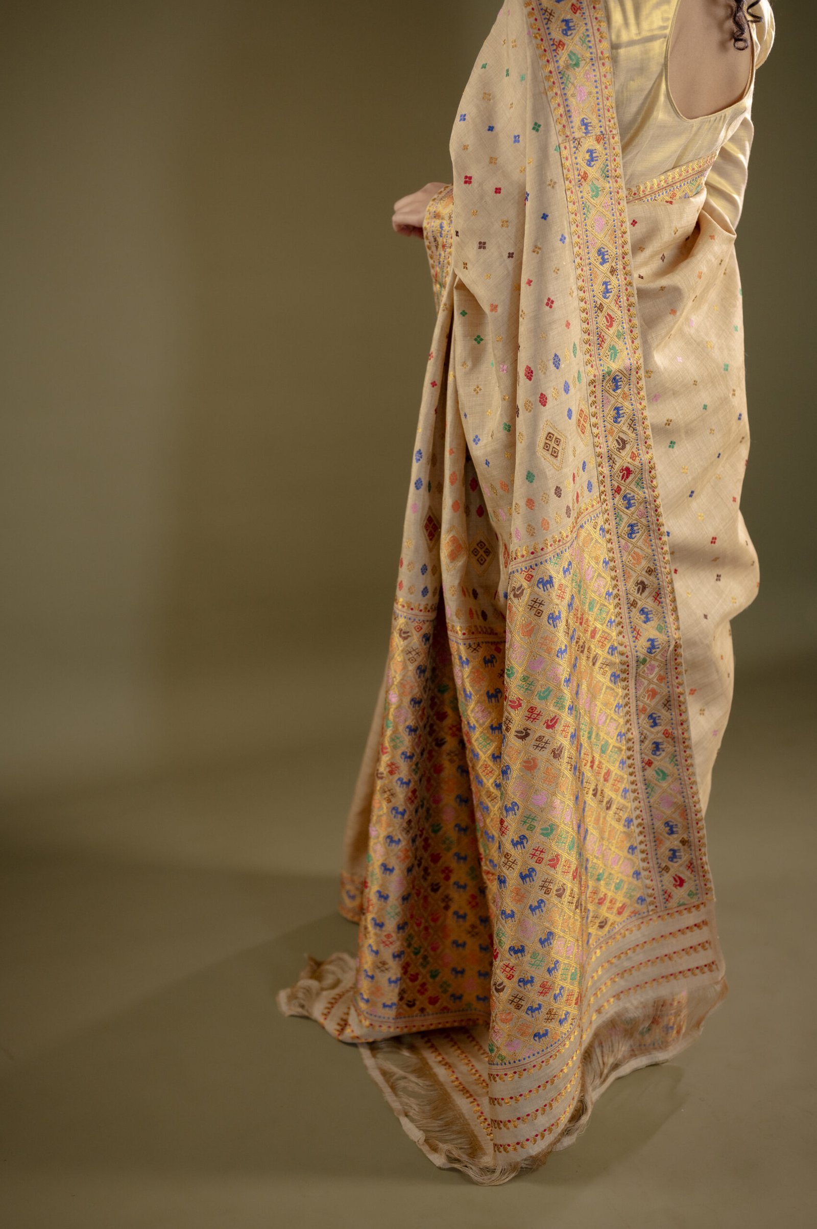 Pure Muga Silk Saree With Zari And Thread Motifs - Image 6