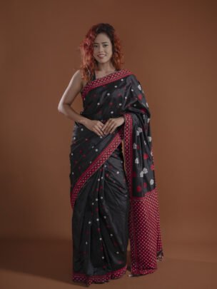 Black Mulberry (Paat) Assam Silk Saree With Red And White Motifs