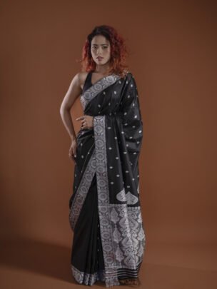 Black Mulberry (Paat) Assam Silk Saree With White Motifs