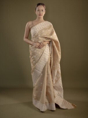 Beige Muga Thread Work Big Border Assam Silk Saree | Mayuri Silk