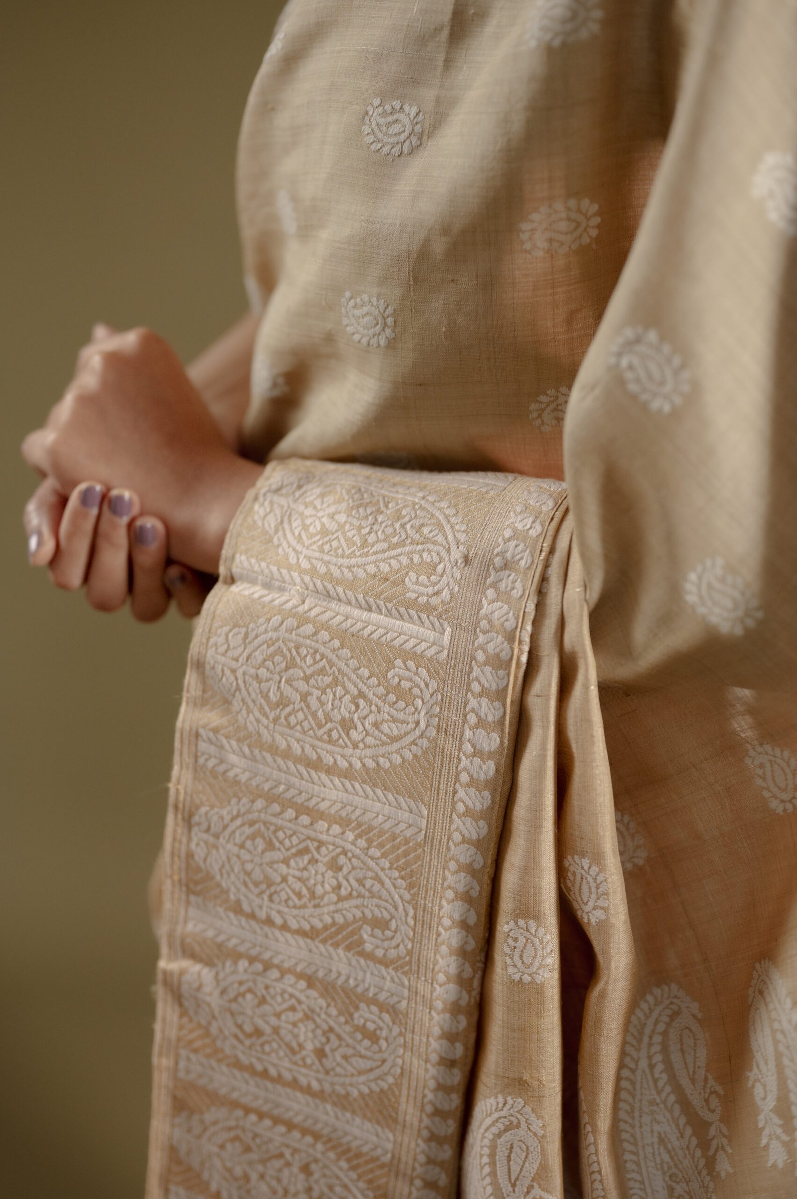 Beige Muga Thread Work Big Border Assam Silk Saree | Mayuri Silk - Image 6
