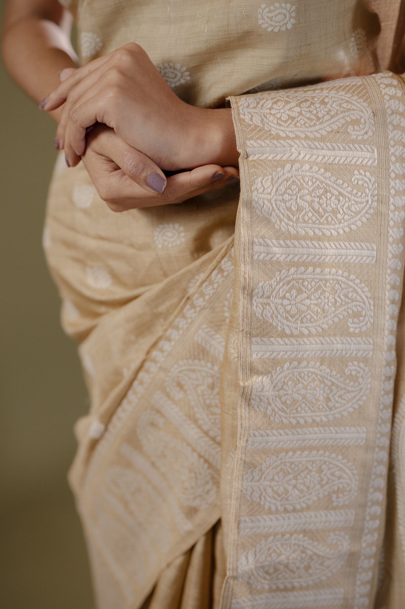 Beige Muga Thread Work Big Border Assam Silk Saree | Mayuri Silk - Image 7