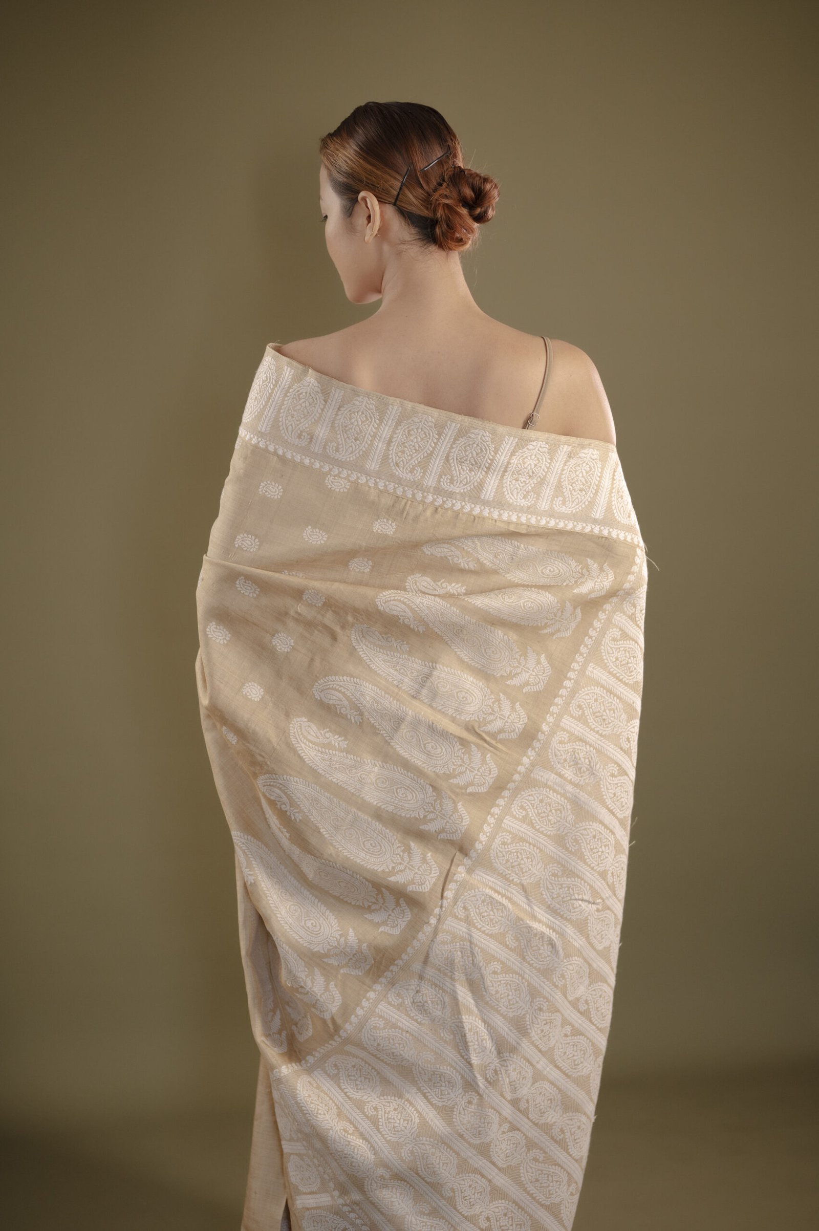Beige Muga Thread Work Big Border Assam Silk Saree | Mayuri Silk - Image 8