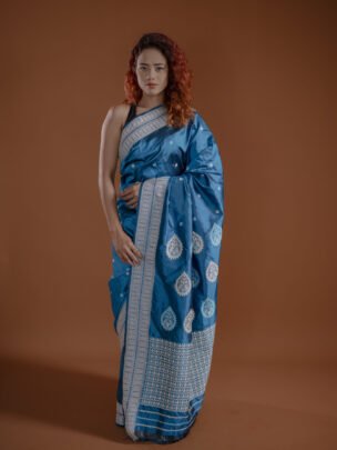 Peacock Blue Mulberry (Paat) Assam Silk Saree with Interwoven Border