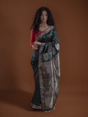 Bottle Green Mulberry (Paat) Assam Silk Sraee With Silver Zari Motifs