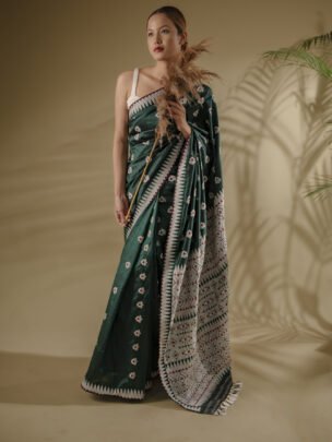 Bottle Green Assam Silk Saree With white Meena Motifs