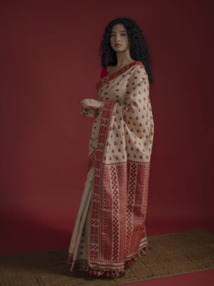 Pure Muga Assam Silk Saree With Red Motifs