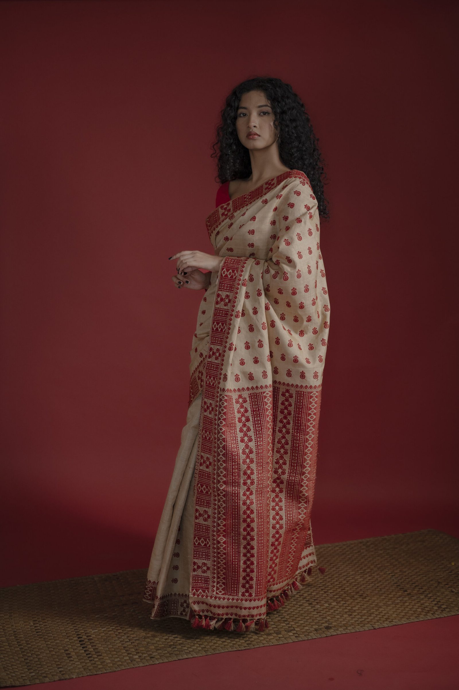 Pure Muga Assam Silk Saree With Red Motifs