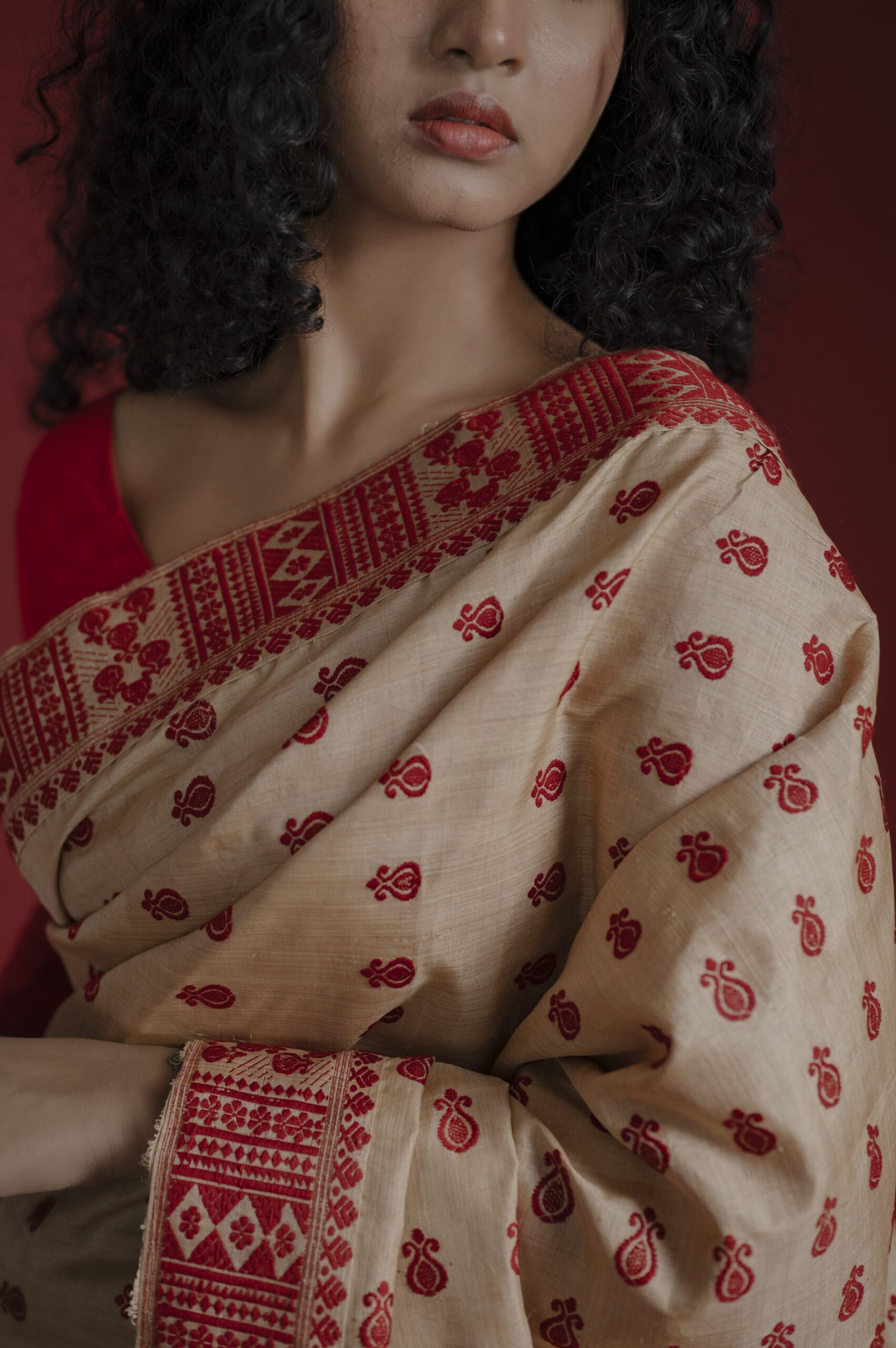Pure Muga Assam Silk Saree With Red Motifs - Image 2