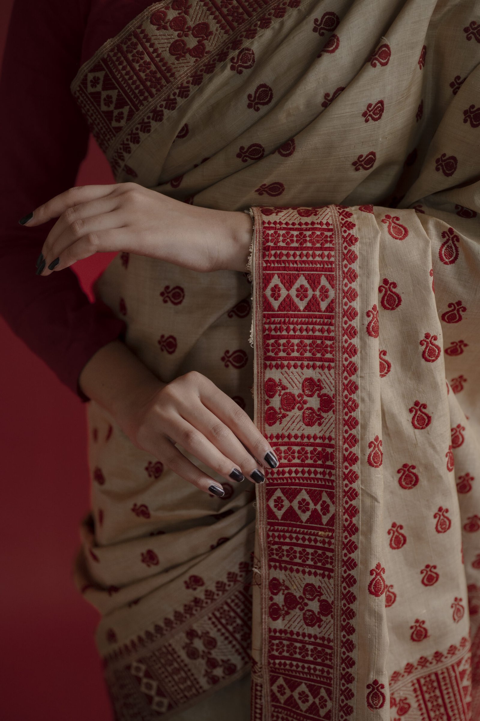 Pure Muga Assam Silk Saree With Red Motifs - Image 3