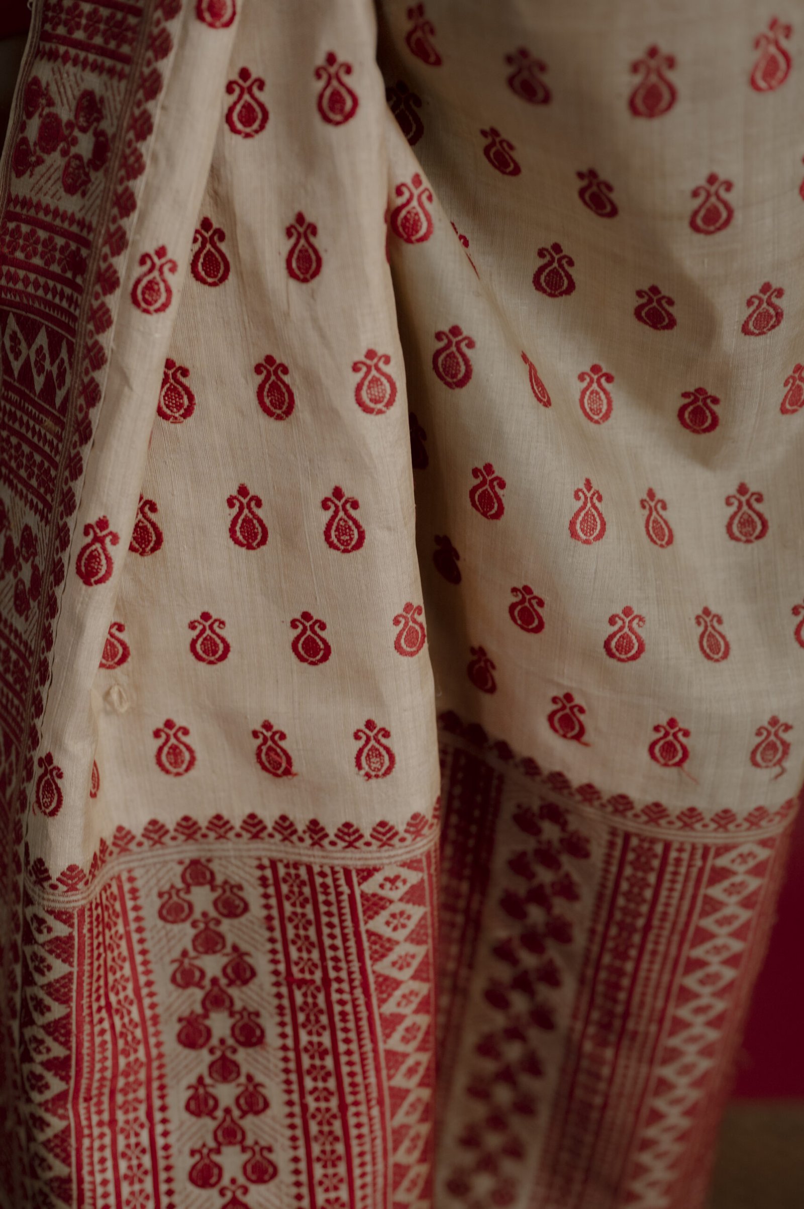 Pure Muga Assam Silk Saree With Red Motifs - Image 4